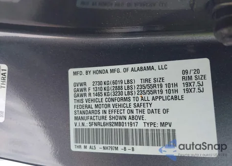 2021 Honda Odyssey Elite z USA, uszkodzony, nr VIN 5FNRL6H92MB011917